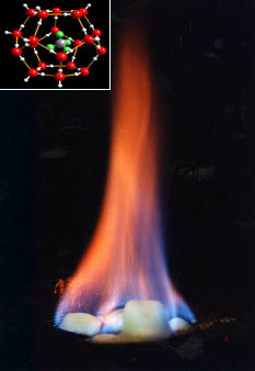 "Burning ice." Methane clathrate consists of methane trapped in ice crystals. Upon heating, this material releases methane, which can burn. Inset: Molecular structure of a methane clathrate.Source: USGS