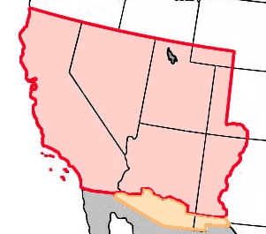 The Mexican Cession (in red), acquired through the Treaty of Guadalupe Hidalgo. The Gadsden Purchase (in yellow) was acquired later in 1853 through purchase.
