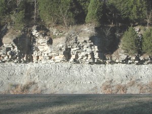 Two types of sedimentary rock—limey shale overlaid by limestone—at Cumberland Plateau, Tennessee