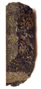 Hewn kimberlite core sample from the James Bay Lowlands region of Northern Ontario, Canada. Grains of green olivine and purplish red garnet are visible. The sample is 13 centimeters (five inches) long.
