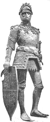A bronze Arthur plate armor with visor raised and with jousting shield wearing Kastenbrust armor (early fifteenth century) by Peter Vischer.