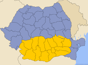 Map of Romania with Wallachia in yellow
