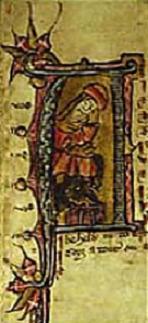 Langland's Dreamer: from an illuminated initial in a Piers Plowman manuscript held at Corpus Christi College, Oxford