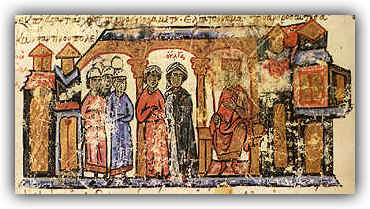 Svjatoslav's mother, Olga, with her escort in Constantinople, a miniature from the late eleventh-century chronicle of John Skylitzes