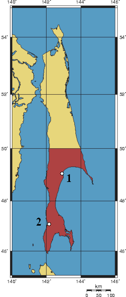 Approximate locations of the massacres1: Poronaysk, near Kamishisuka (上敷香)2: Kholmsk, near Mizuho Village (瑞穂村)██ Soviet Union ██ Empire of Japan