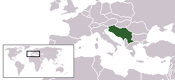 General location of the political entities known as Yugoslavia. The precise borders varied over the years