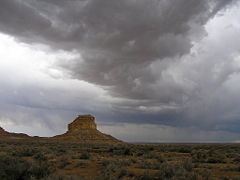 Summer thunderstorms over Fajada Butte and the Fajada Gap, near the southwestern rim of Chaco Canyon.