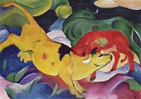 Cows-red, green, yellow, by Franz Marc, 1912