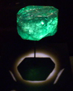 The Gachala Emerald, at 858 carats, is one of the largest gem emeralds in the world. It was found in 1967 at the La Vega de San Juan mine in Gachalá, Colombia.