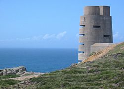 As part of the Atlantic Wall, between 1940 and 1945 the occupying German forces and the Organization Todt constructed fortifications round the coasts of the Channel Islands such as this observation tower at Les Landes, Jersey