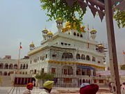 The Akal Takht (throne of the timeless one) as it stands today in Amritsra. Built by Guru Hargobind this symbolized Sikh political sovereignty.