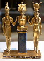Isis and Horus with Osorkon II. Gold, lapis, and red glass, 874–850 B.C.E.