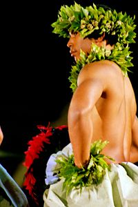 Hula kahiko. A hula dancer wearing leis made of leaves around his head, wrists, and neck.