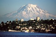 Northwest side of Mount Rainier seen from Tacoma, WA. Liberty Cap is the visible summit from this view, sitting atop the Mowich Face.