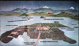 Tenochtitlan, from the mural painting at the National Museum of Anthropology, Mexico City