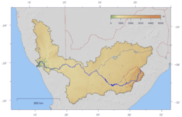 The course and watershed of the Orange River. This map shows a conservative border for the watershed. Specifically, the Kalahari basin is excluded, as some sources say it is endorheic. Some other sources using computational methods show a basin which includes parts of Botswana (and hence of the Kalahari).
