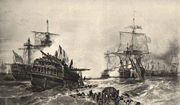 Dismasted ships in the aftermath of battleLithograph after Meyer