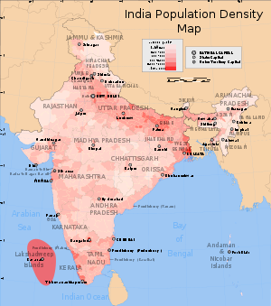 Map showing the population density of each district in India