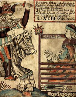 Hermóðr rides to Hel on Sleipnir. He meets Hel and Baldr.