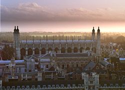 View over Trinity College, Gonville and Caius College, Trinity Hall and Clare College towards King's College Chapel, seen from St John’s College chapel. On the left, just in front of Kings College chapel, is the University Senate House