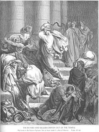 Jesus attacks the money-changers and merchants, while the Temple scribes observe.