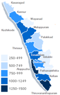 Kerala's districts, shaded by population per km².