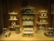 Eastern Han Dynasty (22–220 C.E.) earthenware models of watchtowers (and other buildings), which would have been erected at watch stations and forts on Han China's frontiers.