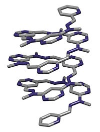 Intramolecular self-assembly of a foldamer. It was reported by Lehn and coworkers in Helv. Chim. Acta. 2003, 86:1598-1624.