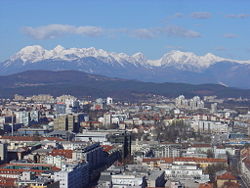 The northern tip of Ljubljana's center (foreground) and Bežigrad (background), beneath the Kamnik Alps.