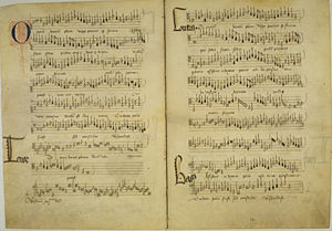 Manuscript of Omnium bonorum plena, a motet by Compère, and possibly his earliest surviving work; the exact date is uncertain, but it was possibly written for the dedication of Cambrai Cathedral on July 2, 1472.