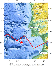 Estimated epicenter of the 1755 Lisbon earthquake.