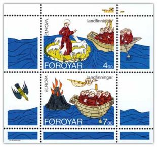Brendan discovering the Faroes and IcelandStamp sheet FR 252-253 of Postverk FøroyaIssued: 18 April 1994Artist: Colin Harrison