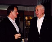 Gough Whitlam (right) at 88, the leader of the Australian Labor Party, Mark Latham, at an election fundraising event in Melbourne, September 2004.