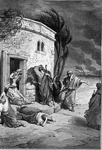 Job falls to the ground upon hearing that his children have perished.