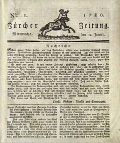 First edition of the Zürcher Zeitung, January 12, 1780.