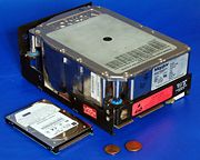 5.25-inch MFM hard disk drive, 110 MB capacity. (2.5" ATA 6495 MB HDD, US & UK pennies shown for comparison.)