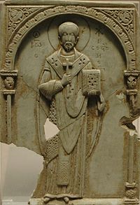 Byzantine Eleventh century soapstone relief of John Chrysostom, Louvre.