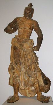 This wooden Kongorikishi statue was created during the Kamakura shogunate during 14th century Japan. It originally guarded the gate to Ebaradera, a temple in Sakai, Osaka.