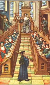 Meeting of doctors at the university of Paris. From a medieval manuscript.