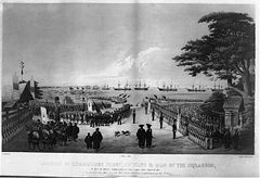 Landing of Commodore Perry, officers & men of the squadron, to meet the Imperial commissioners at Yoku-Hama (Yokohama?) July 14, 1853. Lithograph by Sarony & Co., 1855, after Wilhelm Heine.