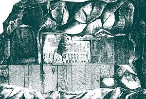 The Behistun Inscription, carved into a cliff side, gives the same text in three languages, telling the story of King Darius' conquests, with the names of twenty-three provinces subject to him. It is illustrated by life-sized carved images of King Darius with other figures in attendance.