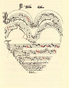 Score of Baude Cordier's chanson "Belle, bonne, sage," from The Chantilly Manuscript, Musée Condé 564. The manuscript is one of the classic examples of ars subtilior, which requires red notes, or "coloration" to indicate changes in note lengths from their normally written values. This chanson, a dedicatory piece on the love of a lady and a lord written in the shape of a heart, opens the corpus. Note the heart of notes within the larger heart.