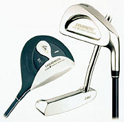 A "wood" (left) is used for long drives, while an iron (right) is used for medium-length drives and approach shots, and the putter (center) is normally used on the green.