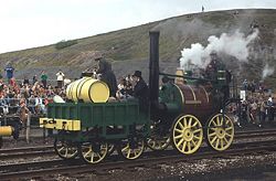 A replica of the early locomotive Sans Pareil at a 1980 restaging of the Rainhill Trials of 1829