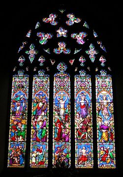 Cross references--The East Window of St Mary's Chilham, UK. The five scenes of the Death and Resurrection of Jesus are paired with Old Testament scenes which prefigure these events.