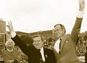 US President George H. W. Bush (right) and Barbara Bush (left) with Wałęsa (center) in Warsaw, July 1989.