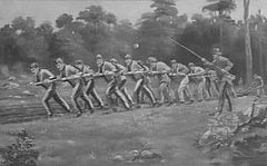 A postcard depicting a convict team plowing a farm at Port Arthur. Dated 1926.