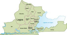 Map showing the 16 LGAs making up Metropolitan Lagos. Note that Metropolitan Lagos is a statistical area and not an administrative entity unlike Lagos State. Lagos State is made up of these 16 LGAs and four other larger LGAs not shown on the map.
