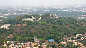 The shrine (right) atop the hillock