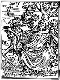 The Abbot being taken by Death, 1524–26, from the Dance of Death, woodcut by Hans Lützelburger from Holbein's design.